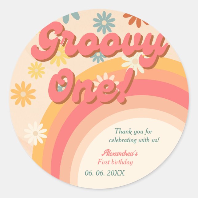 Boho sunshine retro groovy First birthday Classic Round Sticker (Front)