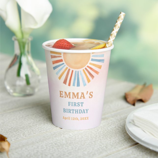 Boho Sunshine Sun Terra Cotta Birthday Paper Cups (Insitu)