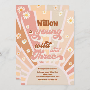 Boho Sunshine Young Wild And Three Birthday Party Invitation