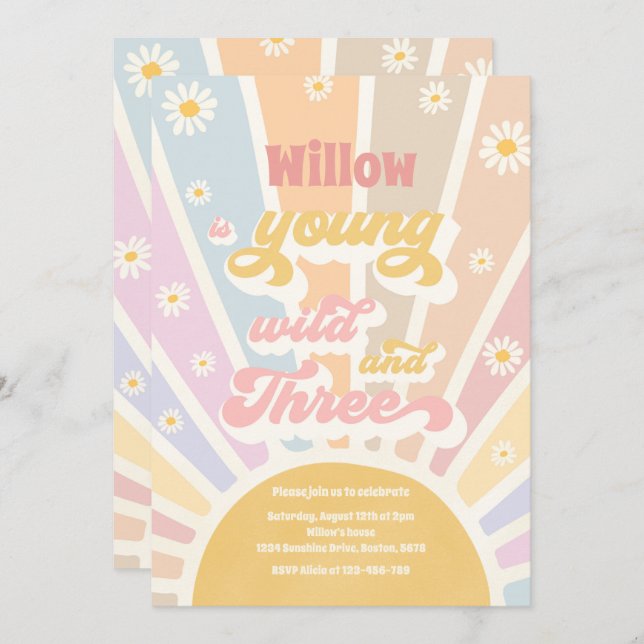 Boho Sunshine Young Wild And Three Birthday Party Invitation (Front/Back)