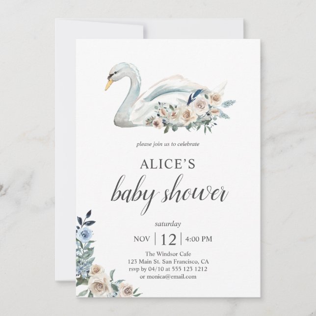 Boho Swan Dusty Blue Beige Flowers Baby Shower Invitation (Front)