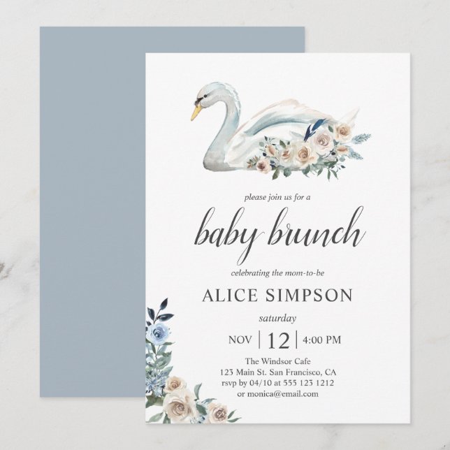 Boho Swan Dusty Blue Beige Flowers Baby Shower Invitation (Front/Back)