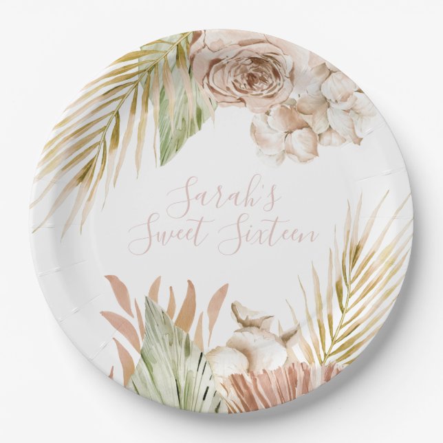 Boho Sweet 16 Birthday Dried Flowers Paper Plate (Front)
