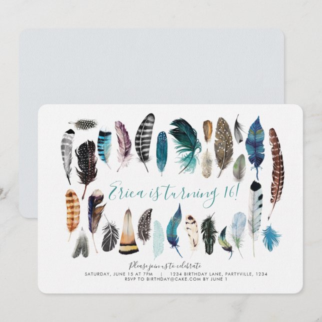Boho Sweet 16 Feather Birthday Invitation (Front/Back)