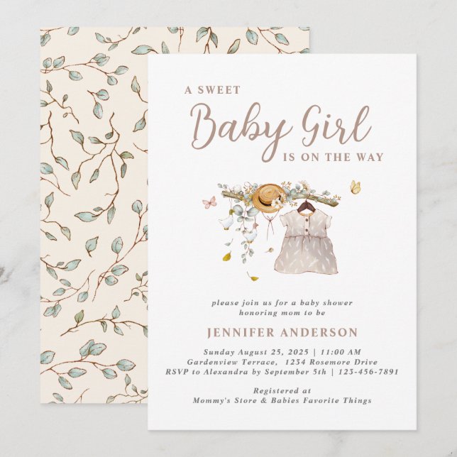 Boho Sweet Baby Girl Outfit Botanical Baby Shower Invitation (Front/Back)