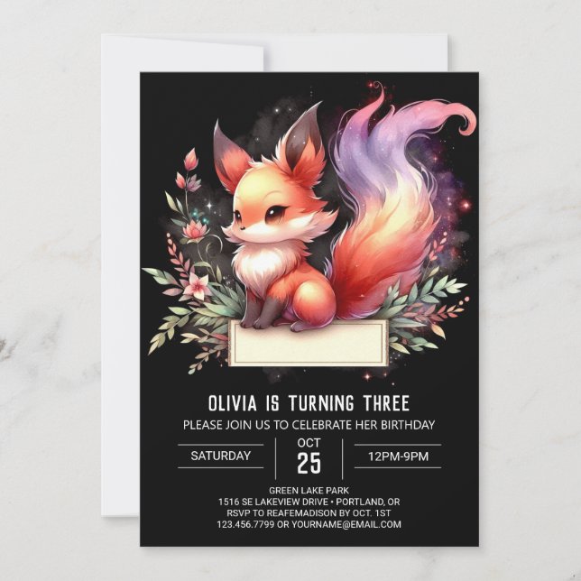 Boho Sweet Fox Birthday digital Invitation (Front)