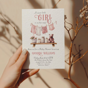 Boho Sweet Girl Pink Clothesline Baby Shower Invitation