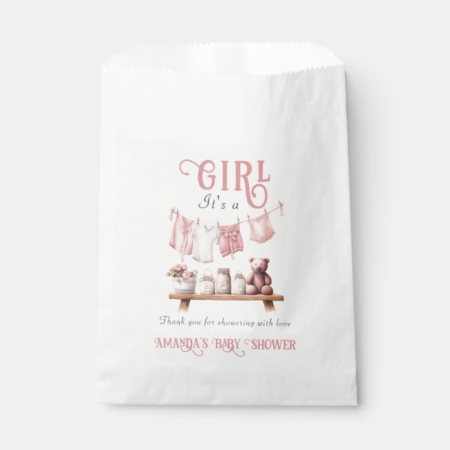 Boho Sweet Its a Girl Pink Clothesline Baby Shower Favour Bags (Front)