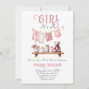 Boho Sweet Its a Girl Pink Clothesline Baby Shower Invitation