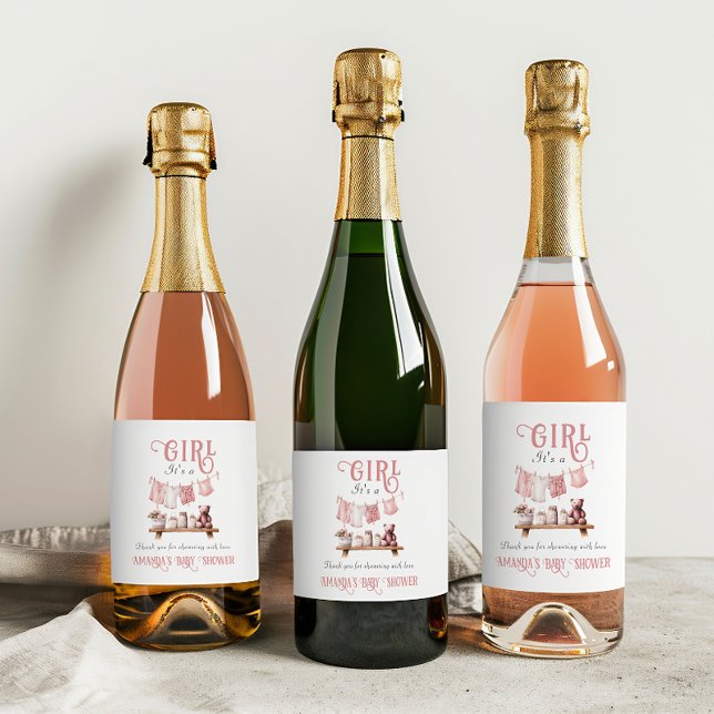 Boho Sweet Its a Girl Pink Clothesline Baby Shower Sparkling Wine Label (Creator Uploaded)