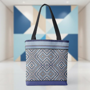 Boho Tan, Black, Blue Tribal Inspired Tote Bag