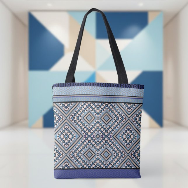 Boho Tan, Black, Blue Tribal Inspired Tote Bag (Creator Uploaded)