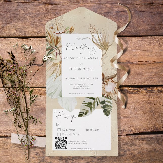 Boho Tan Floral Grass QR Code All In One Invitation (Creator Uploaded)