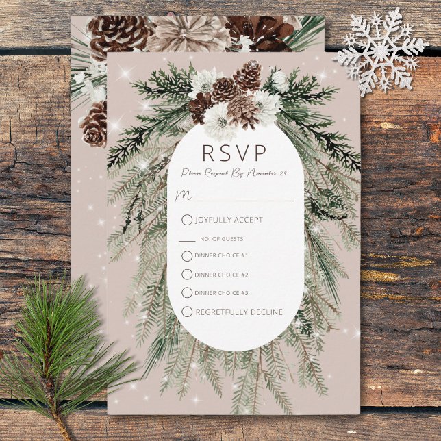 Boho Tan Pine Winter Sparkle Three Dinner RSVP Card (Boho Tan Pine Winter Sparkle Three Dinner RSVP Card)