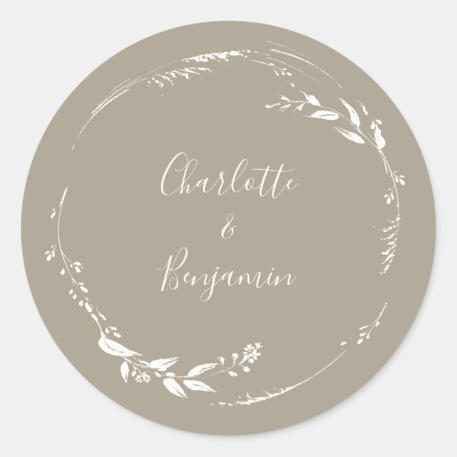 Boho Taupe Floral Wreath Calligraphy Personalised  Classic Round Sticker (Front)