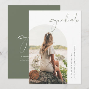 Boho Taupe Green Minimalist Arch Photo Graduation Announcement