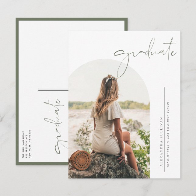 Boho Taupe Green Minimalist Arch Photo Graduation Announcement Postcard (Front/Back)