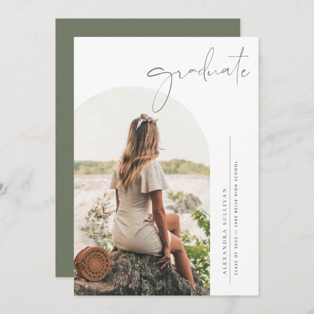 Boho Taupe Green Minimalist Arch Photo Graduation Invitation (Front/Back)