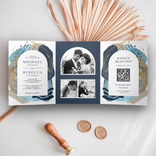 Boho Taupe Navy Blue Brush Strokes QR Code Wedding Tri-Fold Invitation