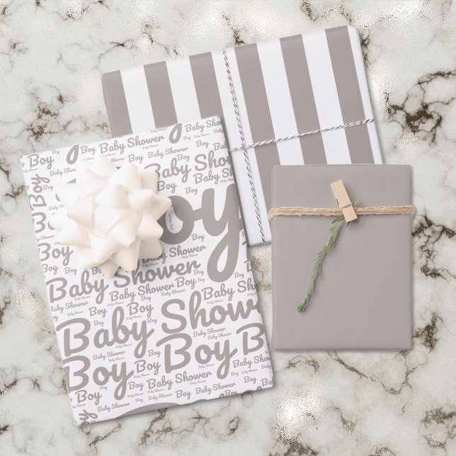 Boho Taupe Script Typography Boy Baby Shower  Wrapping Paper Sheet (Creator Uploaded)