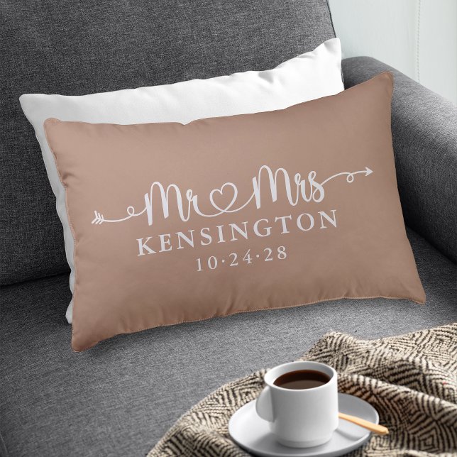 Boho Taupe Script Typography Personalised Mr Mrs Decorative Cushion (Boho Taupe Script Typography Personalized Mr Mrs Accent Pillow)