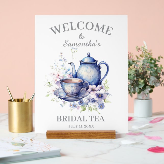 Boho Tea Pot Floral Blue Bridal Shower Tea Party Acrylic Sign (Wedding)