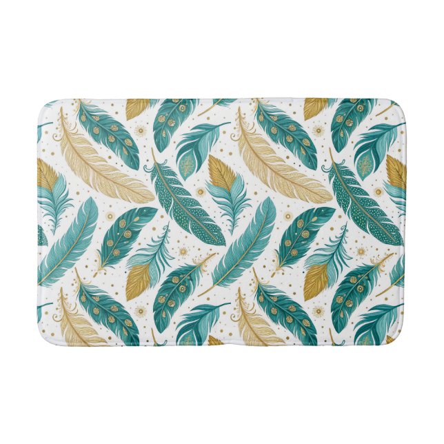 Boho Teal and Gold Feathers Bath Mat (Front)