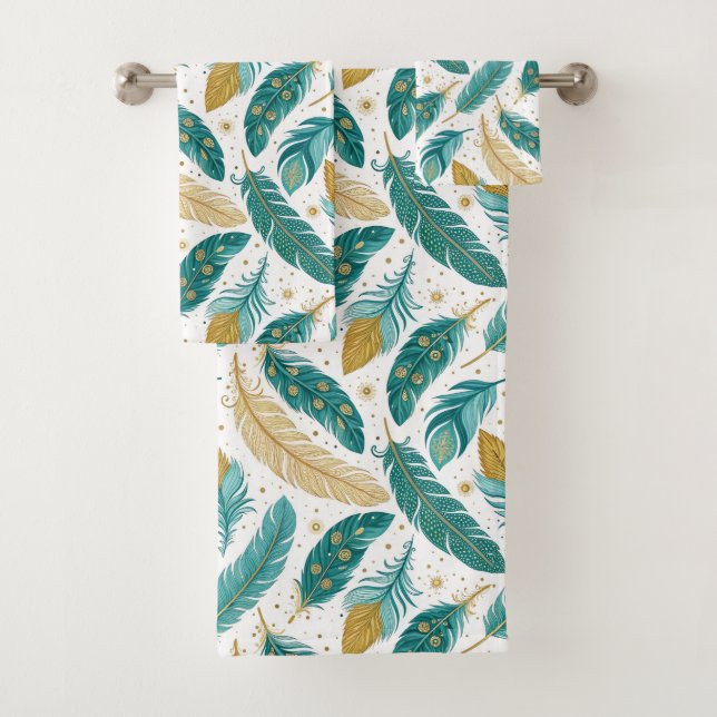 Boho Teal and Gold Feathers Bath Towel Set (Insitu)