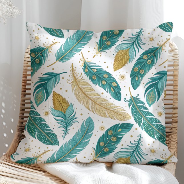Boho Teal and Gold Feathers Cushion (Boho Teal and Gold Feathers Throw Pillow on a sunny boho rattan chair.)