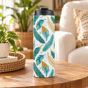Boho Teal and Gold Feathers Thermal Tumbler