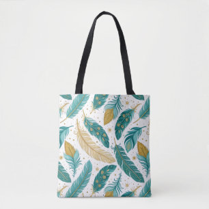 Boho Teal and Gold Feathers Tote Bag