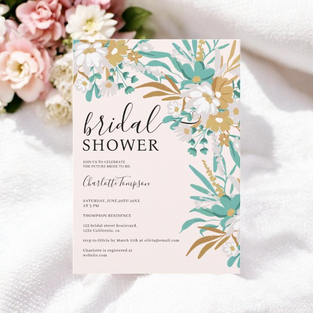 Boho Teal and Gold Floral Romantic Bridal Shower Invitation (Boho Teal and Gold Floral Romantic Bridal Shower Invitation)