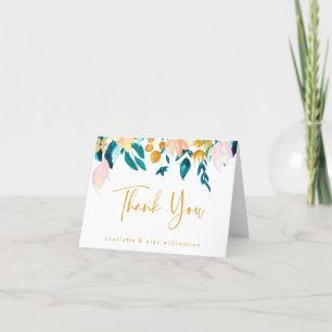 Boho Teal and Gold Watercolor Flowers Wedding Thank You Card