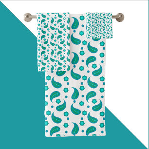 Boho Teal and Turquoise Paisley Floral Pattern Bath Towel Set