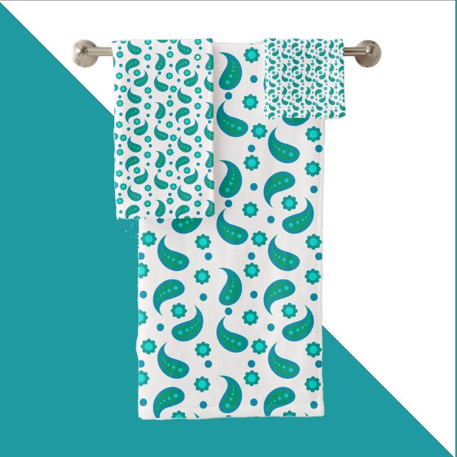 Boho Teal and Turquoise Paisley Floral Pattern Bath Towel Set (A towel set wtih a paisley floral boho pattern in blue and green.)