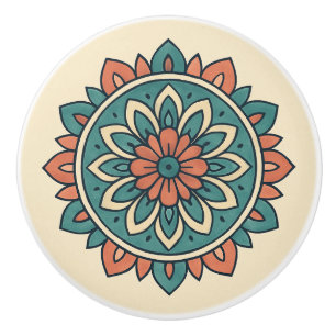 Boho Teal and Warm Coral Modern Mandala Folk Art Ceramic Knob