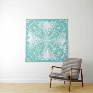 Boho Teal and White Mandala Pattern Tapestry