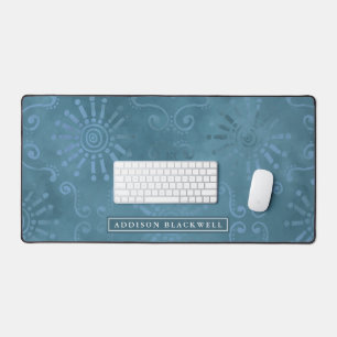 Boho Teal Blue Geometric Desk Mat and Custom Name