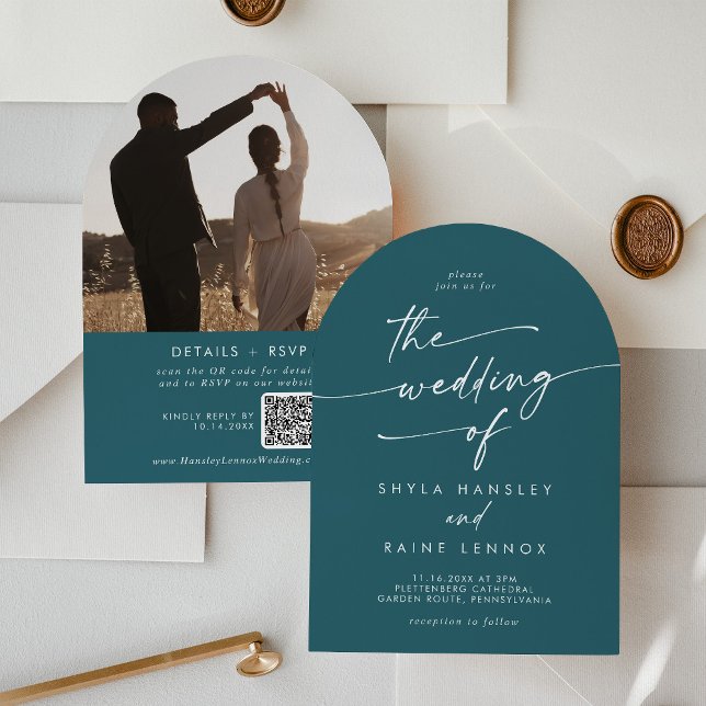 Boho Teal Blue Photo QR Code Arch Wedding Invitation (Creator Uploaded)