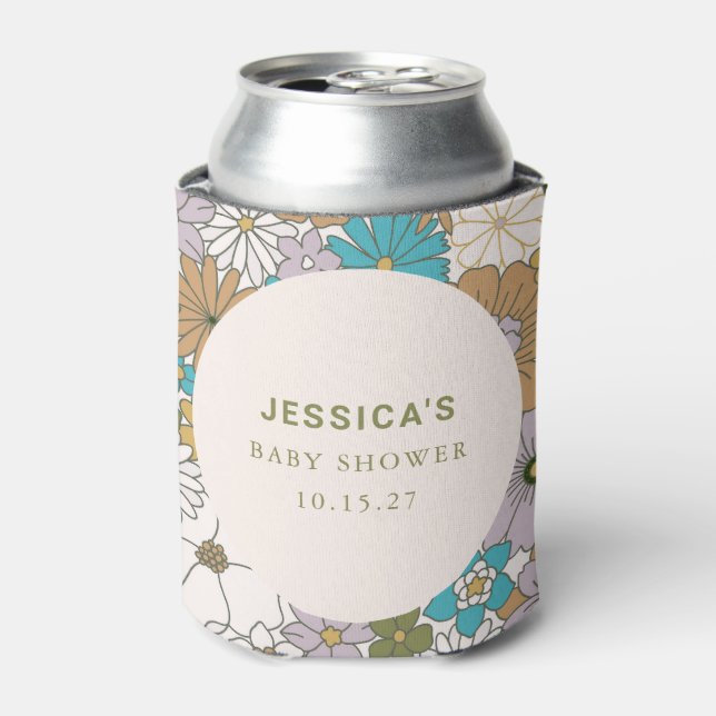 Boho Teal Brown Floral Cute Baby Shower Custom Can Cooler (Can Front)