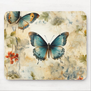 Boho Teal Butterfly Botanical Garden Print Mouse Mat