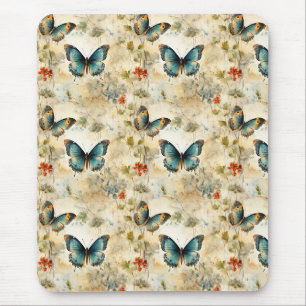Boho Teal Butterfly Botanical Garden Print Mouse Mat