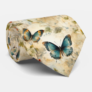 Boho Teal Butterfly Botanical Garden Print Tie