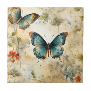 Boho Teal Butterfly Botanical Garden Print Tile