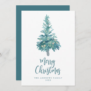 Boho Teal Christmas Watercolor Tree Non-Photo Holiday Card