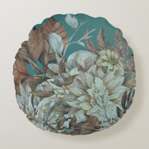 Boho Teal Floral Distressed Round Cushion