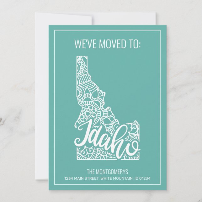 Boho Teal Floral Mandala Idaho State Moving Announcement (Front)