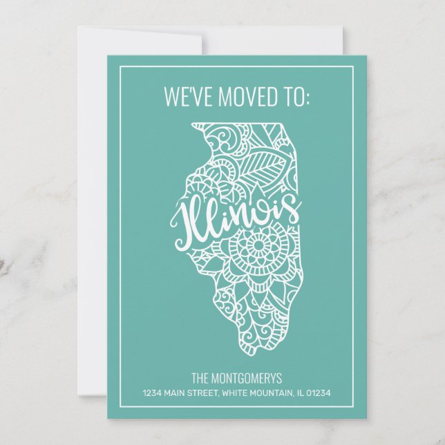 Boho Teal Floral Mandala Illinois State Moving Announcement (Front)