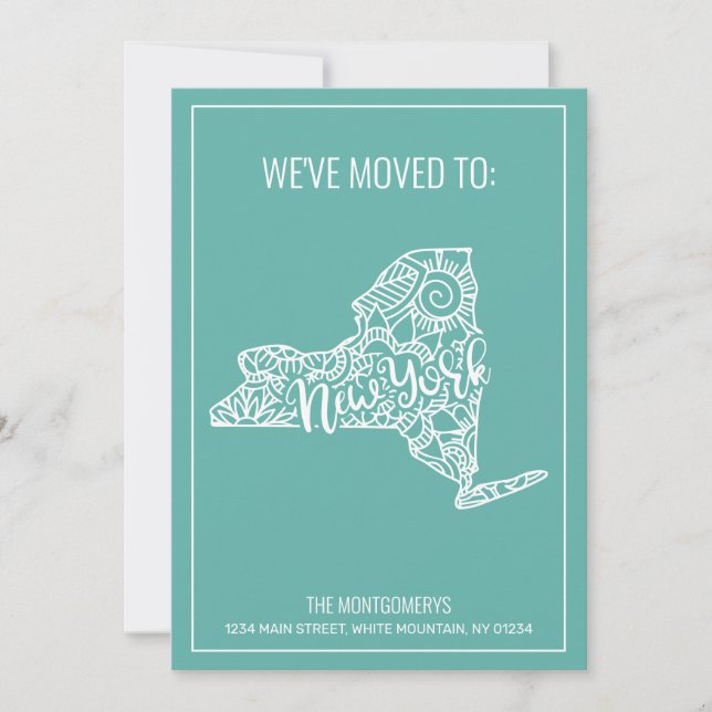 Boho Teal Floral Mandala New York State Moving Announcement (Front)