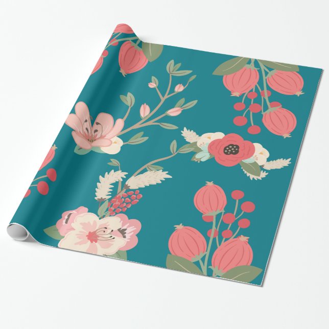 Boho Teal Floral Wrapping Paper (Unrolled)